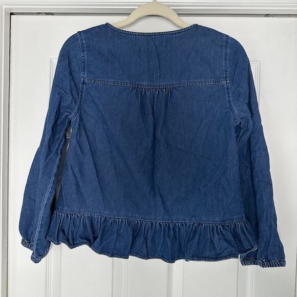 Madewell Womens Size(S) Blue Denim Ruffle Detail Cotton Blouse Top Cropped - Picture 2 of 8